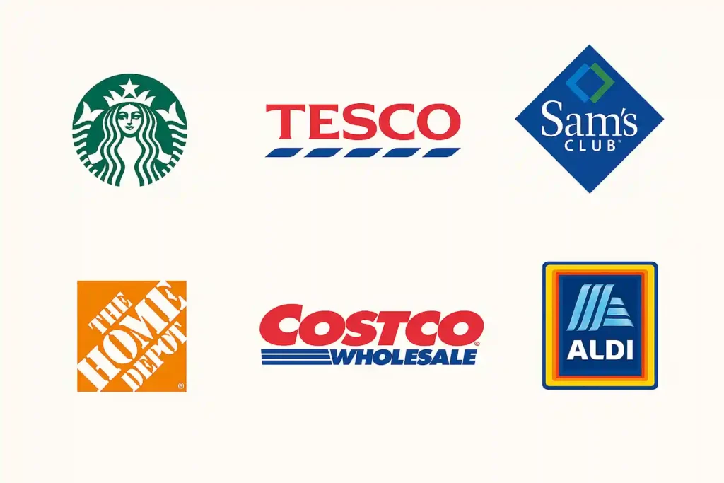 Ecolinco global retail partners including Tesco, Starbucks, Lidl, Aldi, Sam’s Club, Home Depot, and Costco – showcasing our bamboo factory’s trusted collaborations.